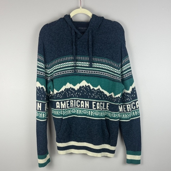American Eagle Men's Green Blue Cotton Wool Blend Knit Medium Sweater Hoodie - Picture 2 of 11